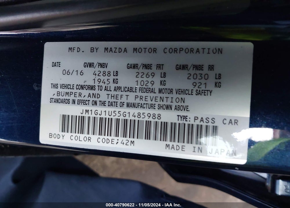 2016 MAZDA 6 I SPORT VIN: JM1GJ1U55G1485988