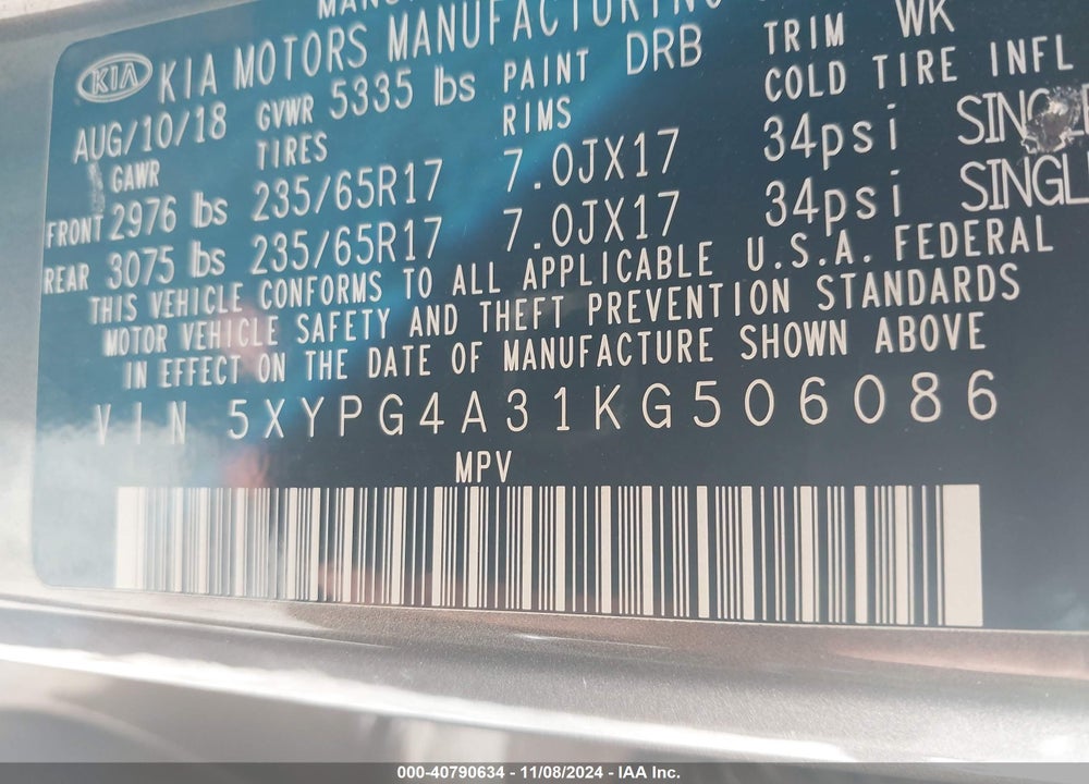 2019 KIA SORENTO 2.4L LX VIN: 5XYPG4A31KG506086