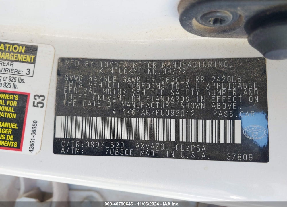 2023 TOYOTA CAMRY XSE VIN: 4T1K61AK7PU092042