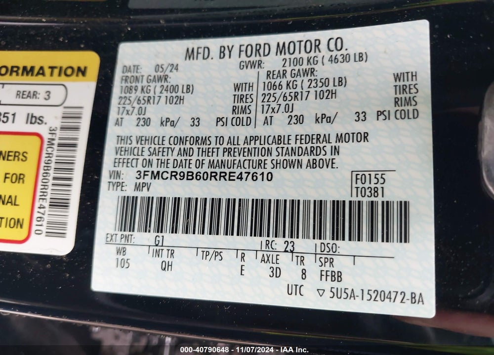 2024 FORD BRONCO SPORT VIN: 3FMCR9B60RRE47610