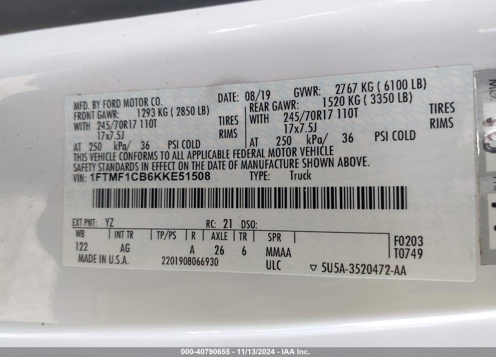 2019 FORD F-150 XL VIN: 1FTMF1CB6KKE51508