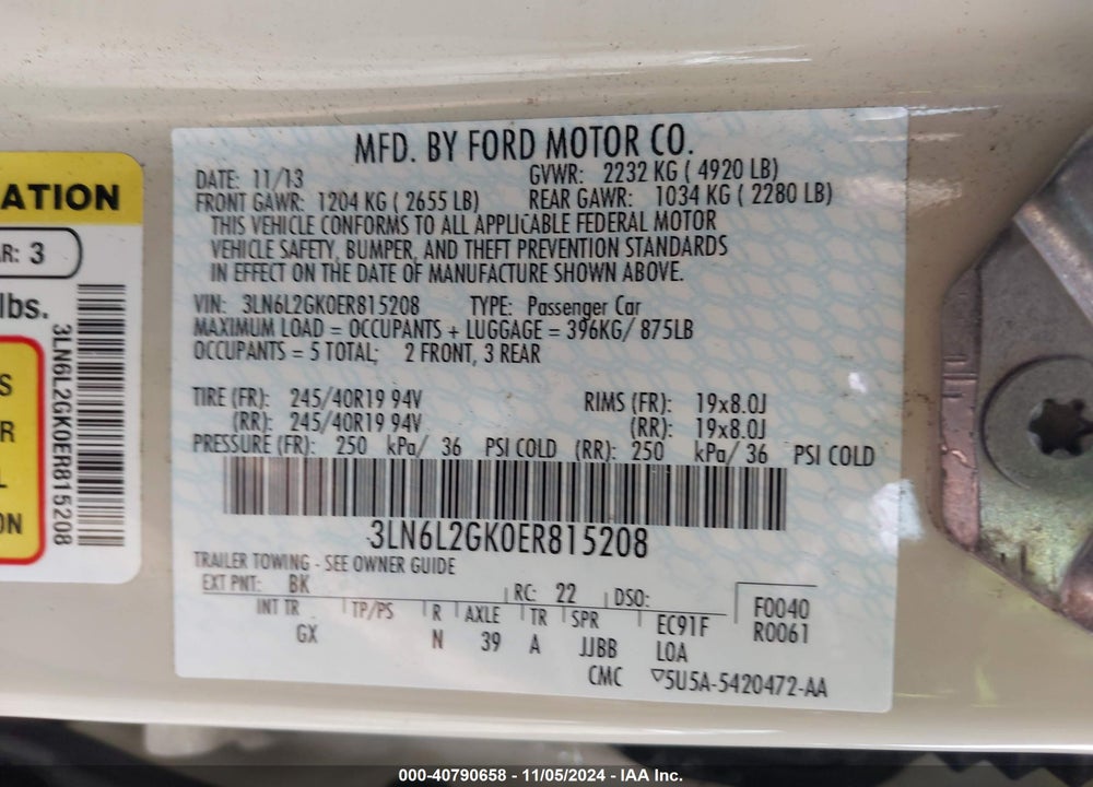 2014 LINCOLN MKZ VIN: 3LN6L2GK0ER815208