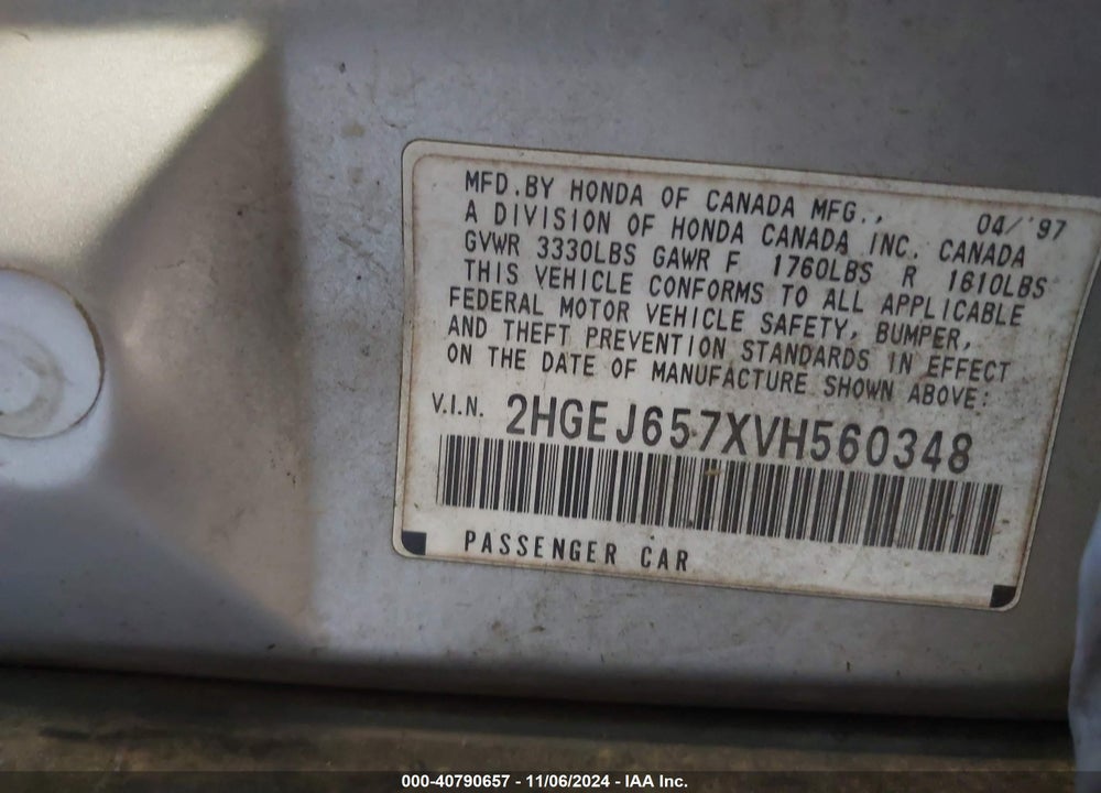 1997 HONDA CIVIC LX VIN: 2HGEJ657XVH560348