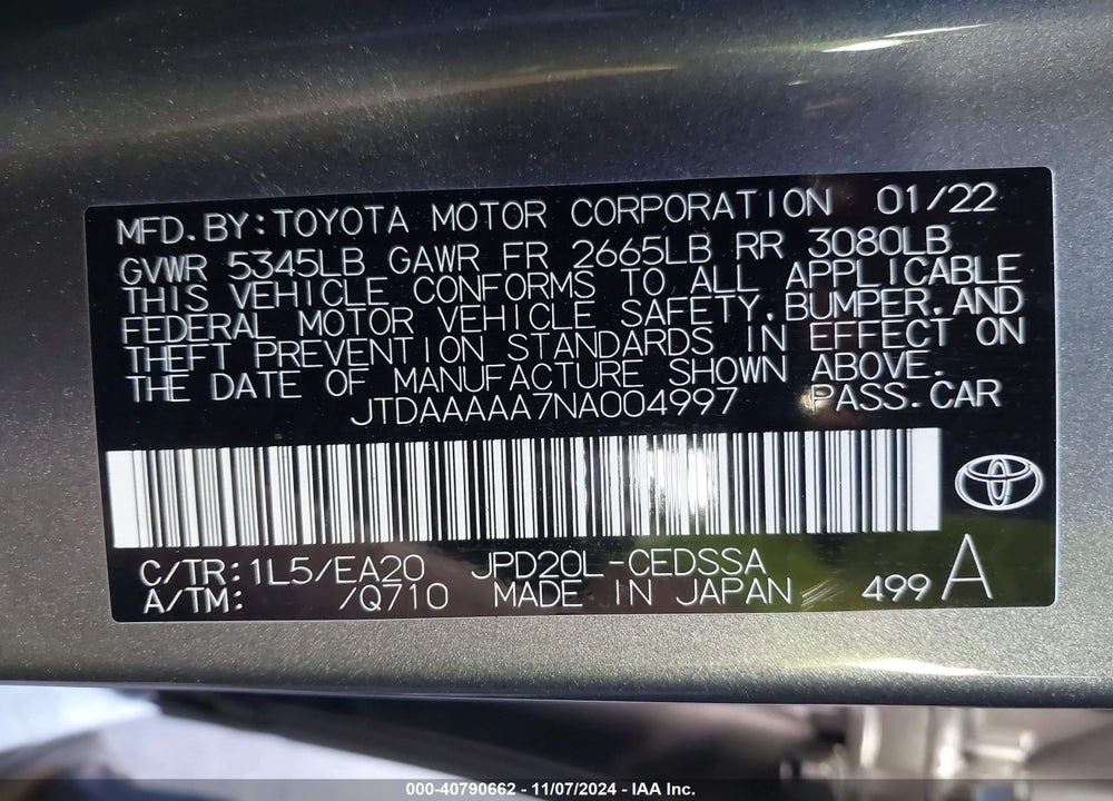 2022 TOYOTA MIRAI XLE VIN: JTDAAAAA7NA004997