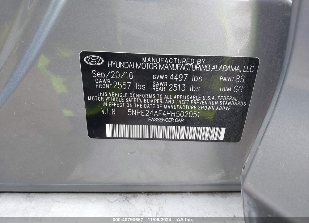 2017 HYUNDAI SONATA VIN: 5NPE24AF4HH502051