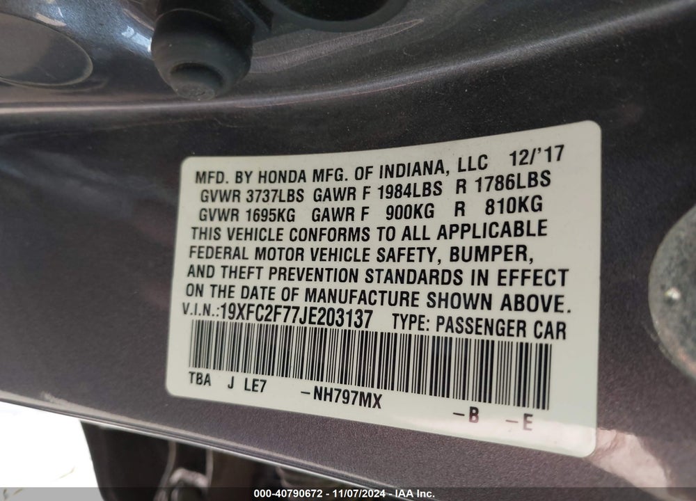 2018 HONDA CIVIC EX VIN: 19XFC2F77JE203137