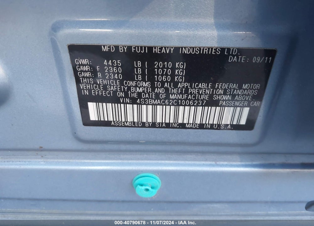 2012 SUBARU LEGACY 2.5I PREMIUM VIN: 4S3BMAC62C1006237