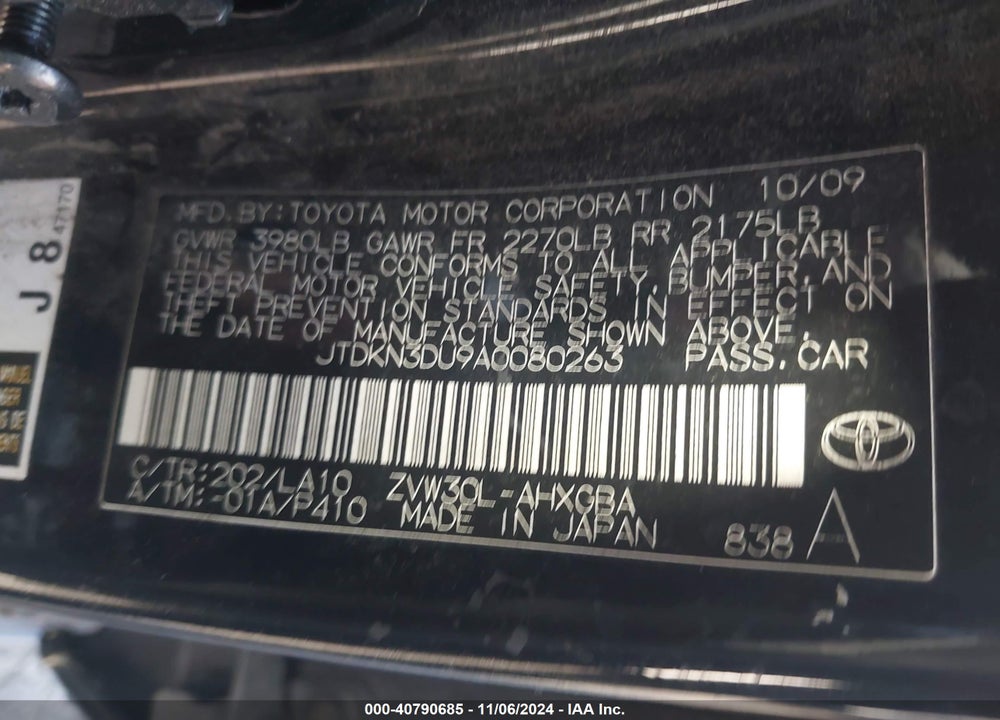 2010 TOYOTA PRIUS VIN: JTDKN3DU9A0080263