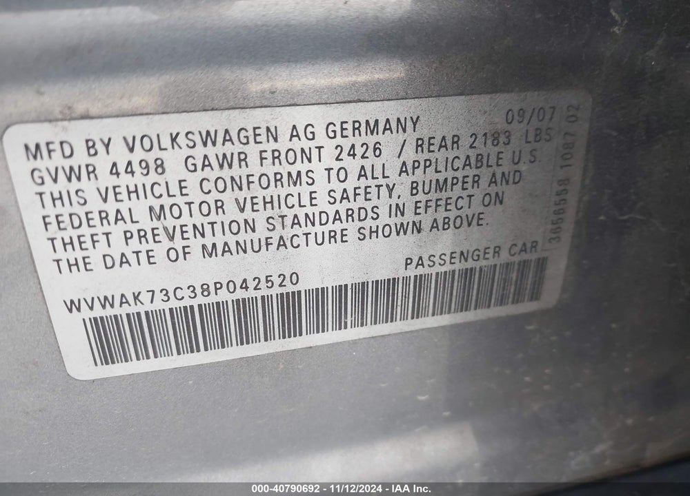 2008 VOLKSWAGEN PASSAT KOMFORT VIN: WVWAK73C38P042520