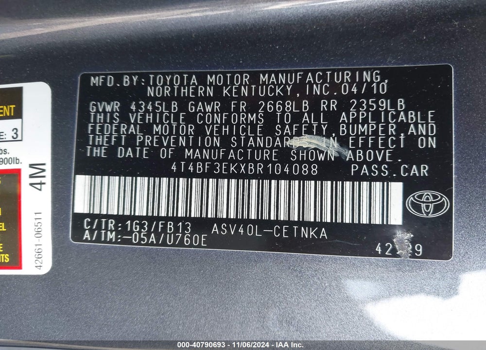 2011 TOYOTA CAMRY LE VIN: 4T4BF3EKXBR104088