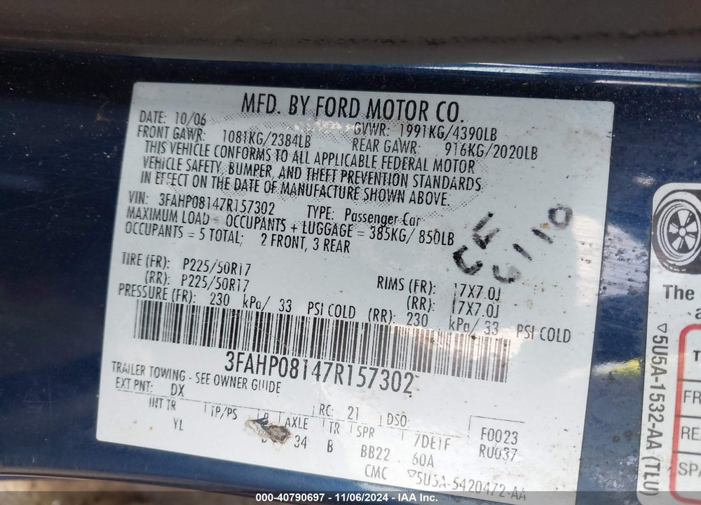 2007 FORD FUSION SEL VIN: 3FAHP08147R157302