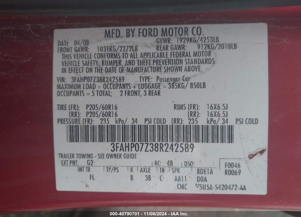 2008 FORD FUSION SE VIN: 3FAHP07Z38R242589