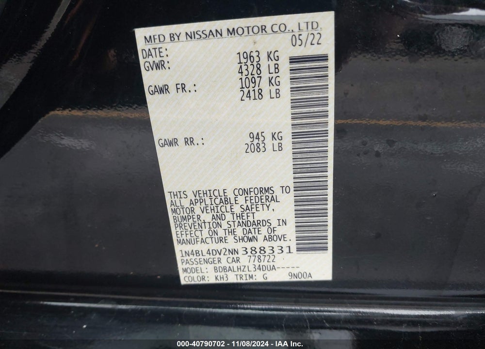 2022 NISSAN ALTIMA SV FWD VIN: 1N4BL4DV2NN388331