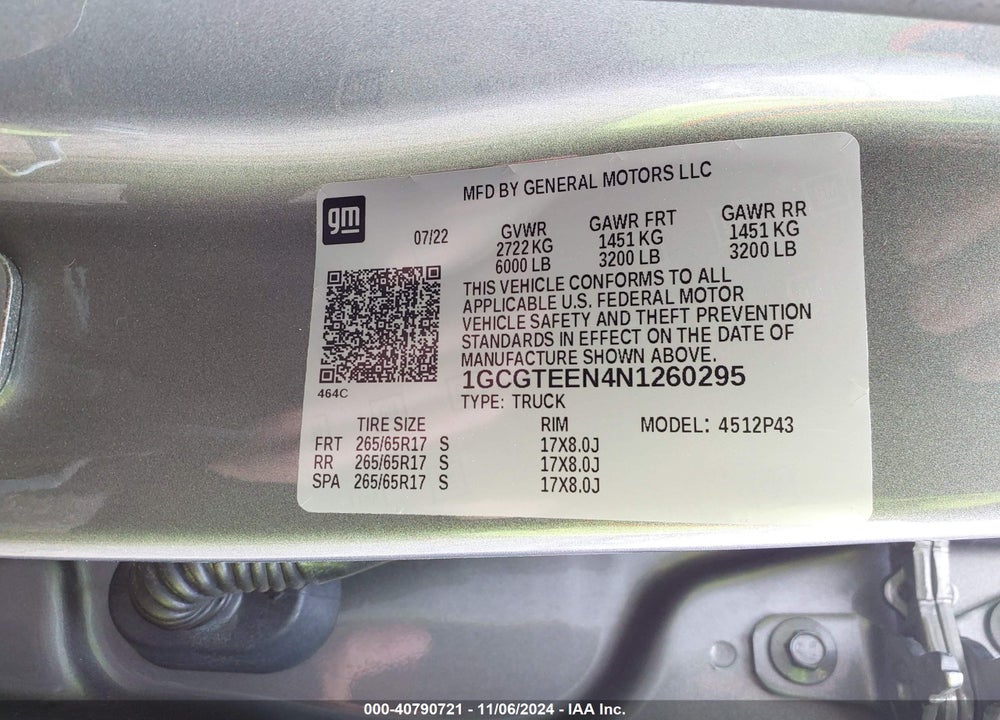 2022 CHEVROLET COLORADO 4WD SHORT BOX ZR2 VIN: 1GCGTEEN4N1260295