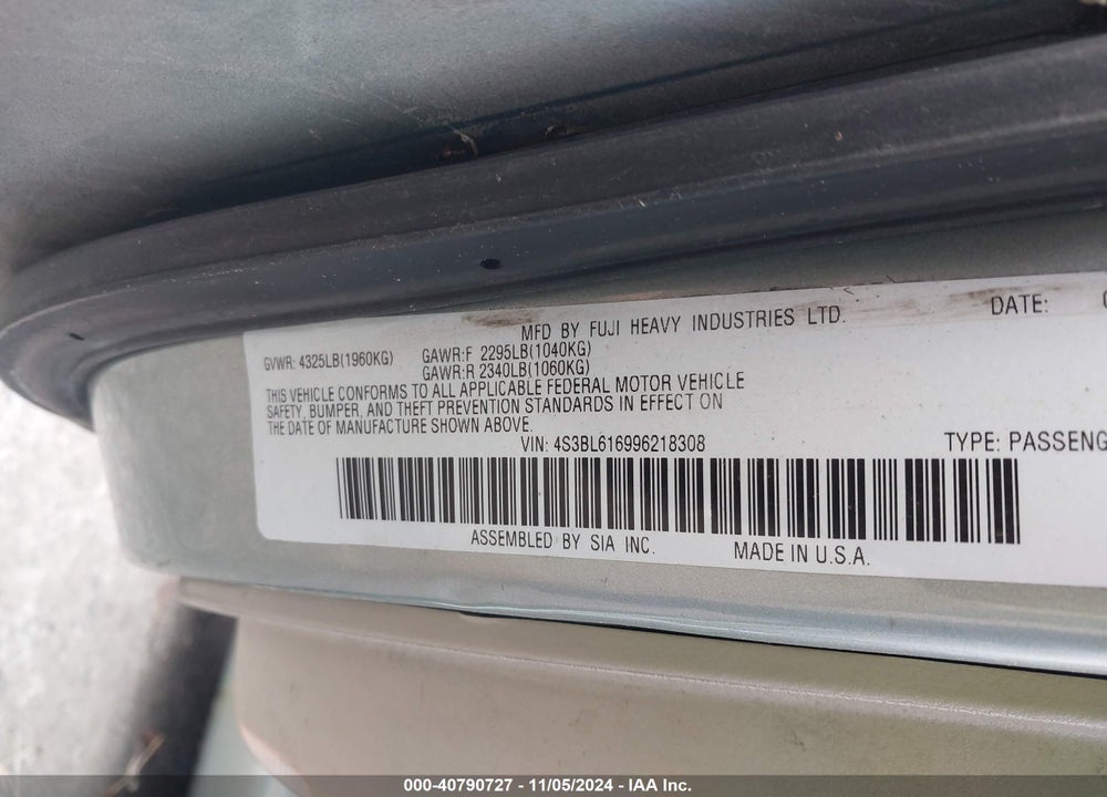2009 SUBARU LEGACY 2.5I VIN: 4S3BL616996218308