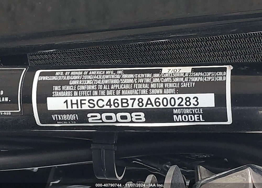 2008 HONDA VTX1800 F1 VIN: 1HFSC46B78A600283