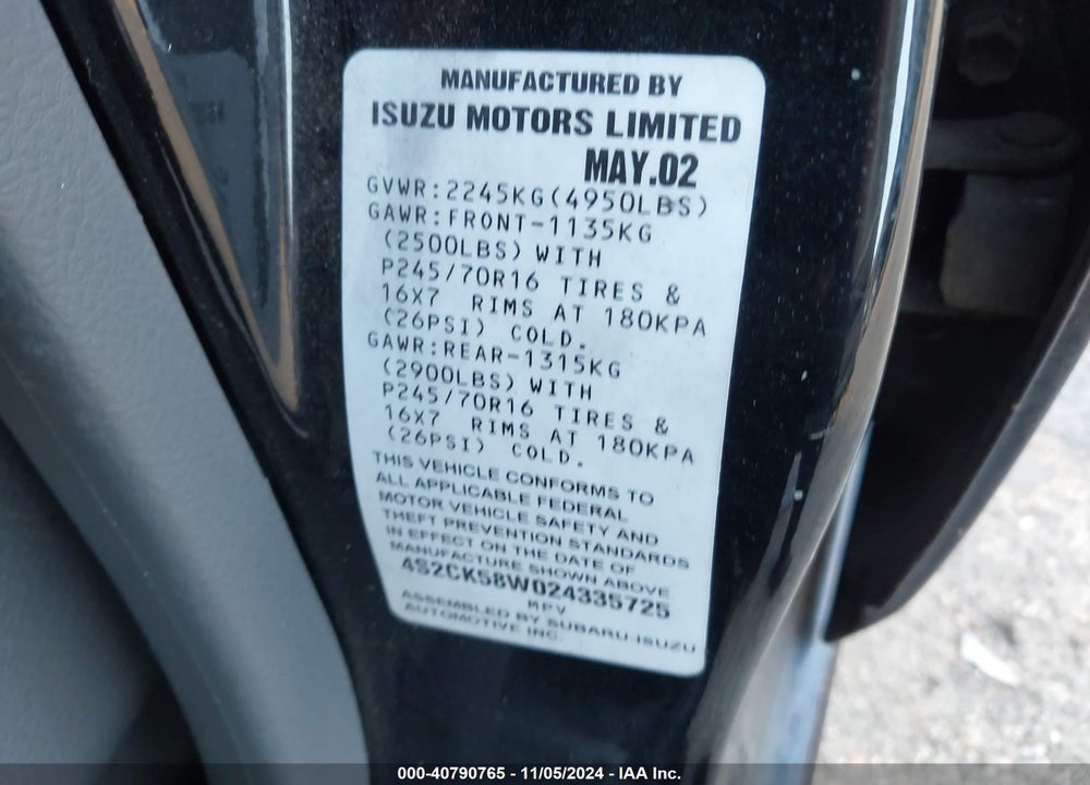 2002 ISUZU RODEO LS 3.2L V6/LSE 3.2L V6/S 3.2L V6 VIN: 4S2CK58W024335725
