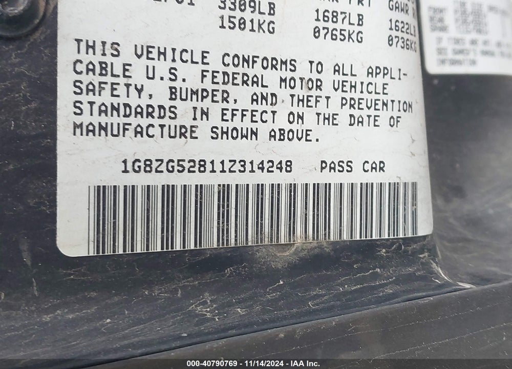 2001 SATURN SL1 VIN: 1G8ZG52811Z314248