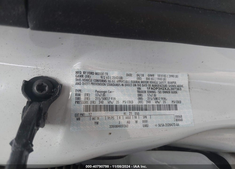 2018 FORD FOCUS SEL VIN: 1FADP3H2XJL307363