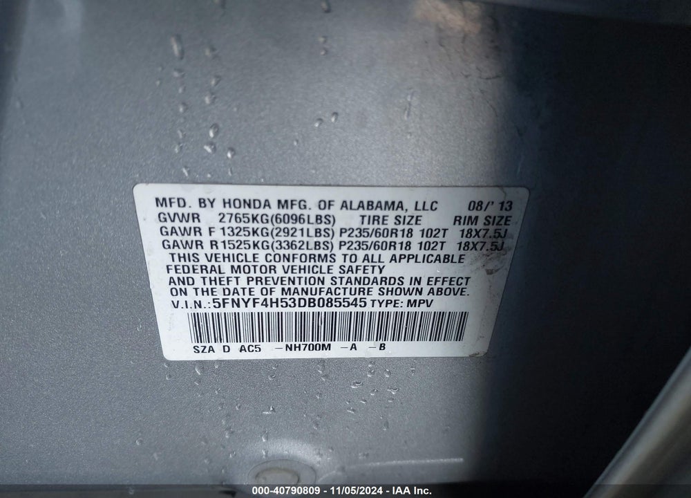 2013 HONDA PILOT EX-L VIN: 5FNYF4H53DB085545