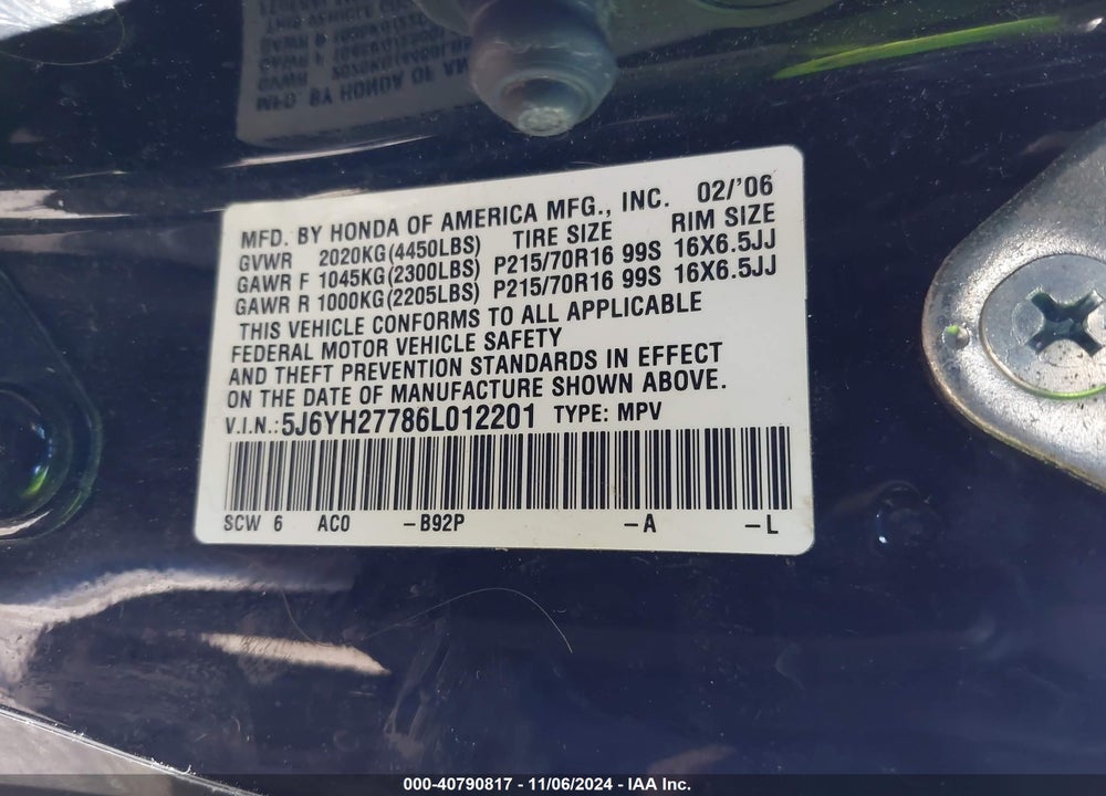 2006 HONDA ELEMENT EX-P VIN: 5J6YH27786L012201