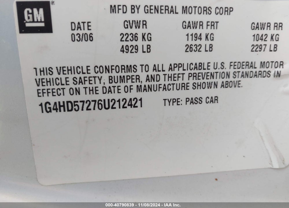 2006 BUICK LUCERNE CXL VIN: 1G4HD57276U212421