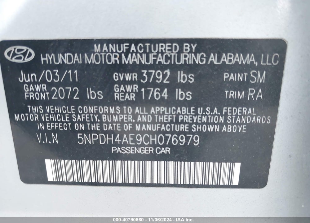 2012 HYUNDAI ELANTRA GLS VIN: 5NPDH4AE9CH076979