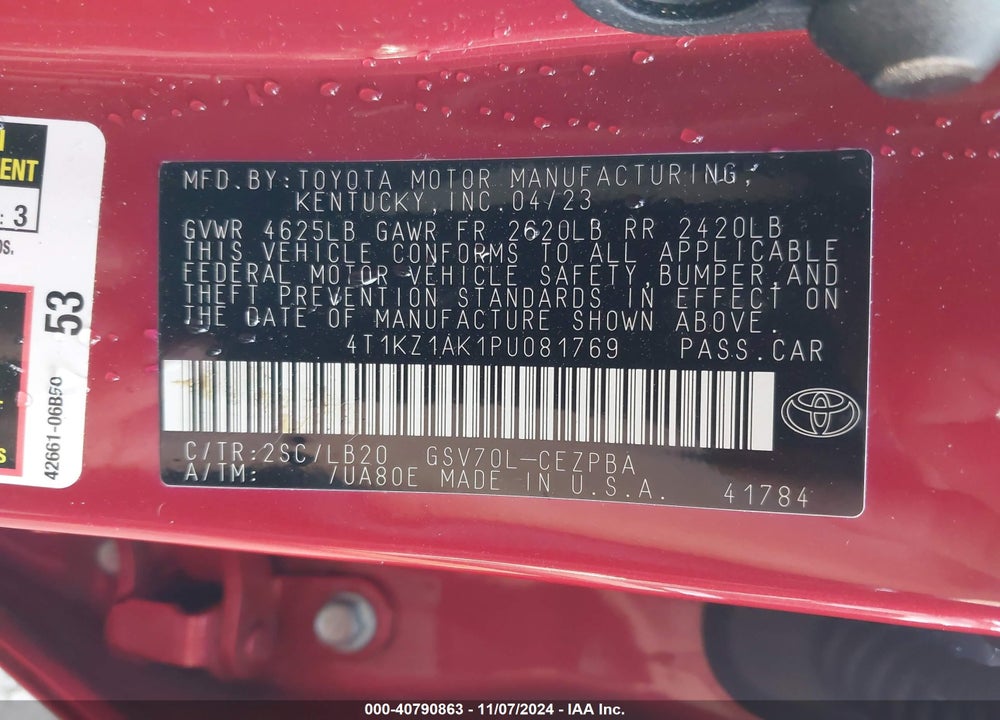 2023 TOYOTA CAMRY XSE V6 VIN: 4T1KZ1AK1PU081769