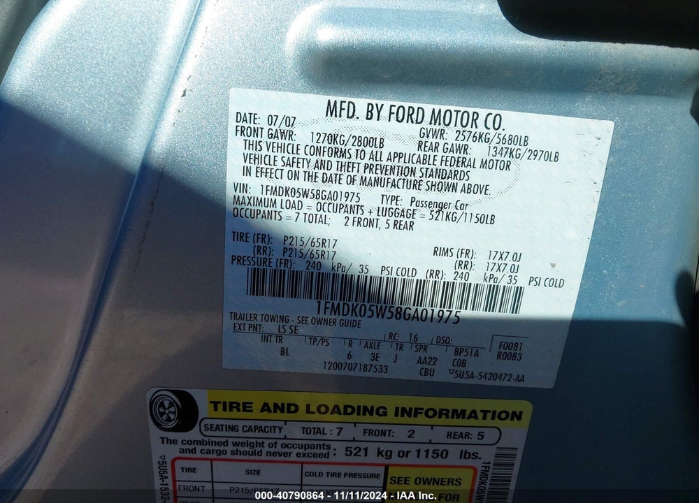 2008 FORD TAURUS X SEL VIN: 1FMDK05W58GA01975