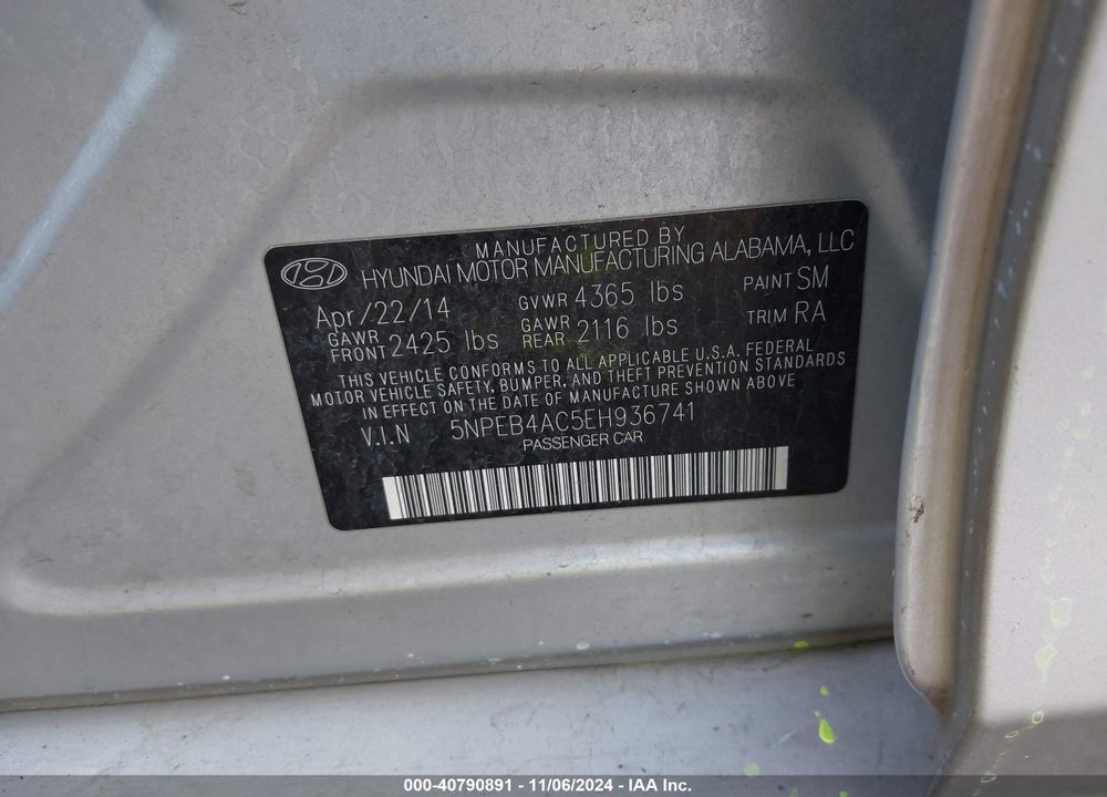 2014 HYUNDAI SONATA GLS VIN: 5NPEB4AC5EH936741