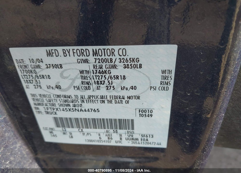 2005 FORD F-150 FX4/LARIAT/XL/XLT VIN: 1FTPX145X5NA44765