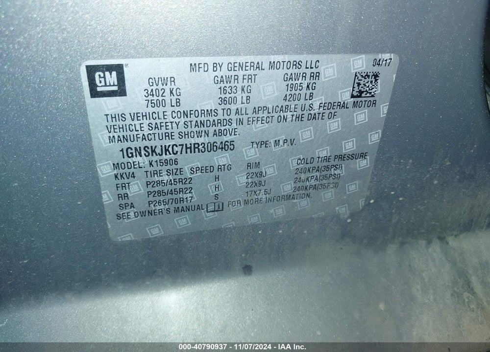 2017 CHEVROLET SUBURBAN PREMIER VIN: 1GNSKJKC7HR306465