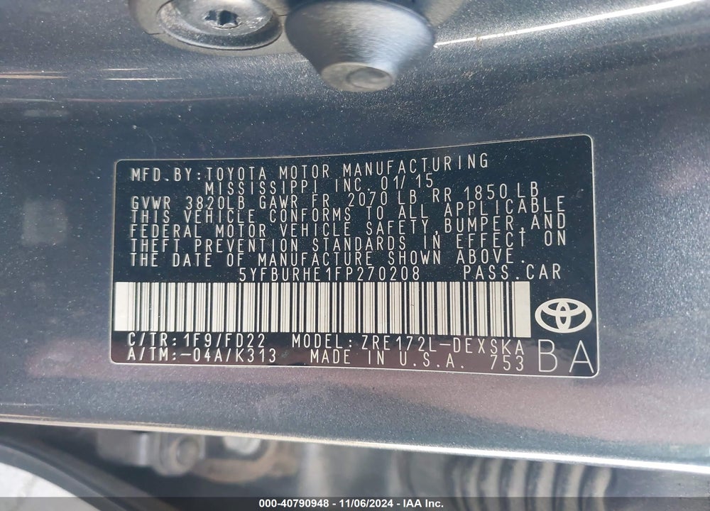 2015 TOYOTA COROLLA S PLUS VIN: 5YFBURHE1FP270208