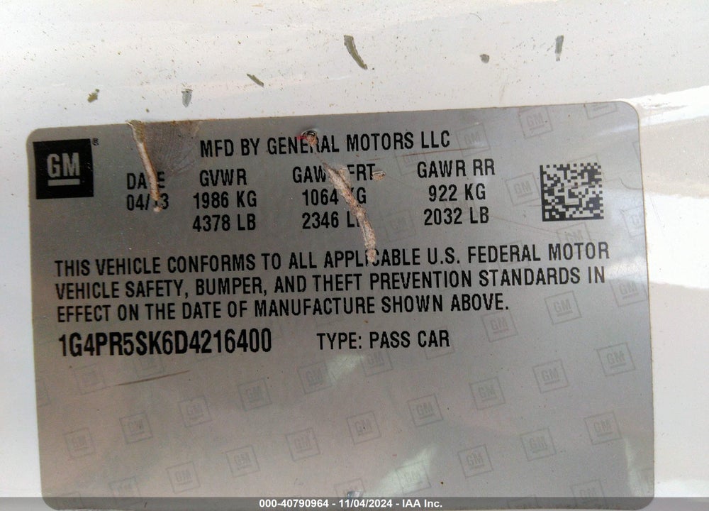 2013 BUICK VERANO CONVENIENCE GROUP VIN: 1G4PR5SK6D4216400