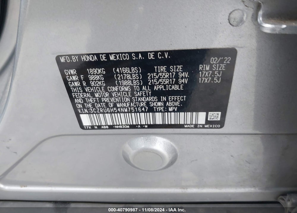 2022 HONDA HR-V AWD EX VIN: 3CZRU6H54NM751647