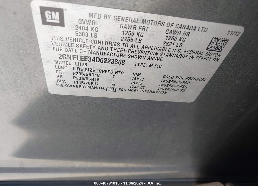 2013 CHEVROLET EQUINOX 1LT VIN: 2GNFLEE34D6223308