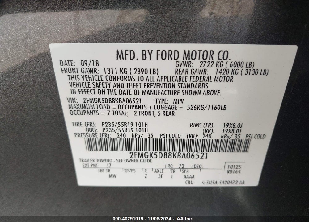 2019 FORD FLEX VIN: 2FMGK5D88KBA06521