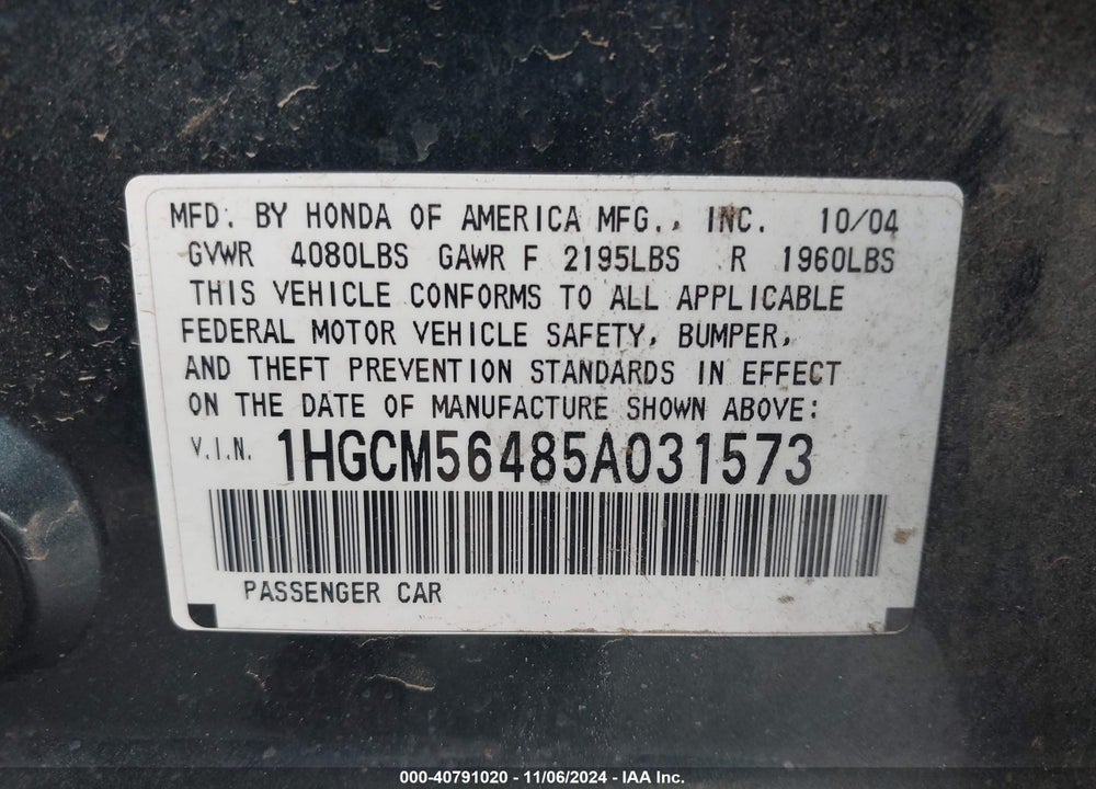 2005 HONDA ACCORD 2.4 LX VIN: 1HGCM56485A031573