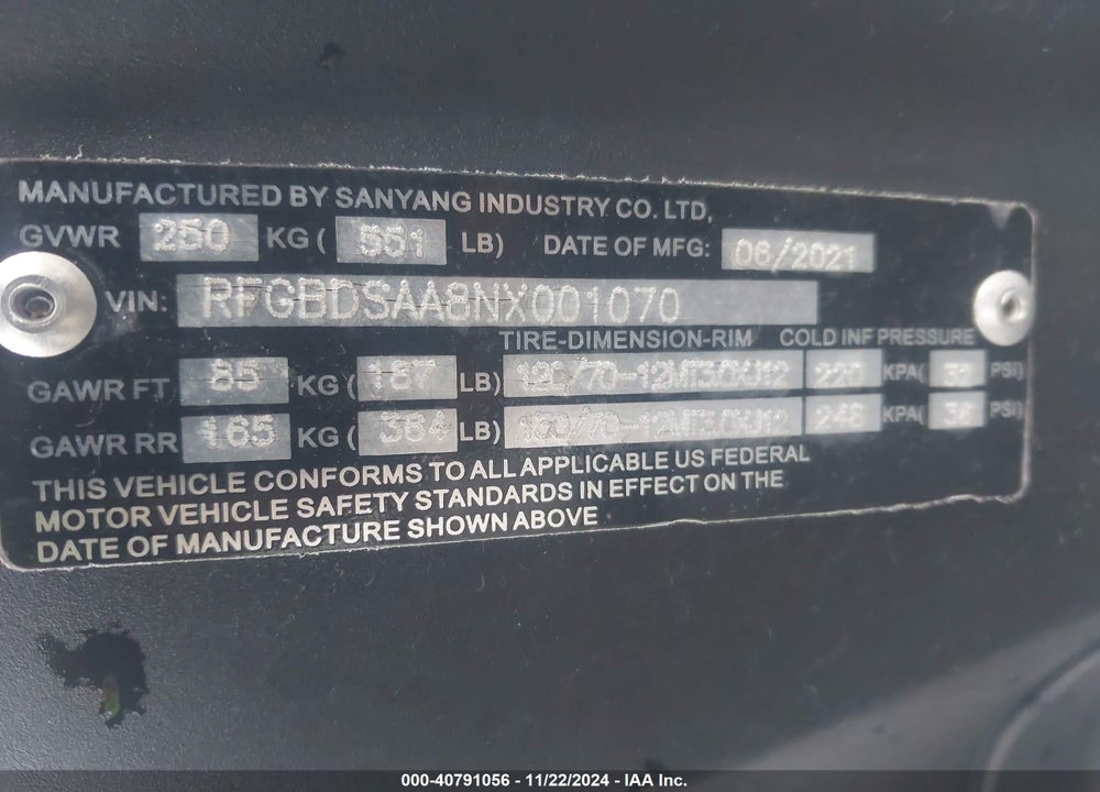 2022 SANY 125CC VIN: RFGBDSAA8NX001070
