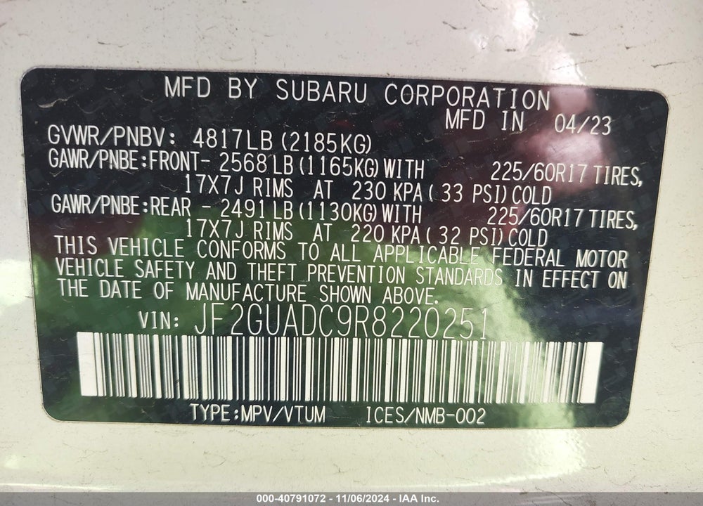 2024 SUBARU CROSSTREK PREMIUM VIN: JF2GUADC9R8220251