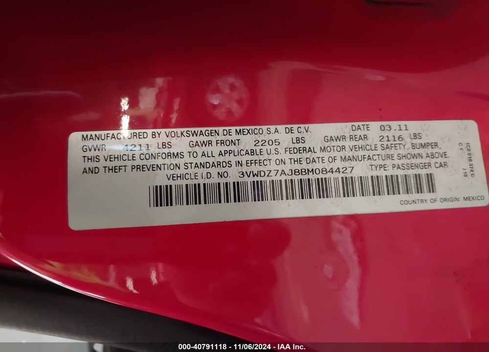 2011 VOLKSWAGEN JETTA 2.5L SE VIN: 3VWDZ7AJ8BM084427