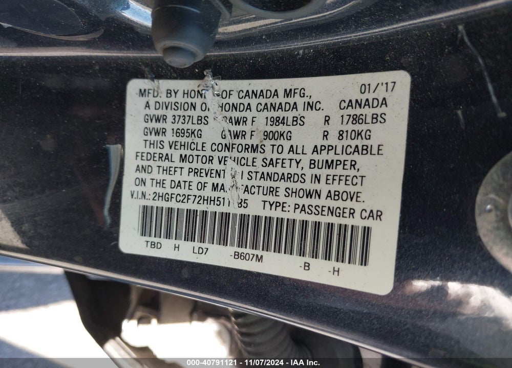 2017 HONDA CIVIC EX VIN: 2HGFC2F72HH511185