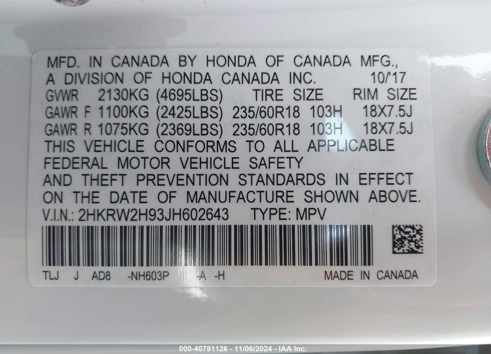 2018 HONDA CR-V TOURING VIN: 2HKRW2H93JH602643
