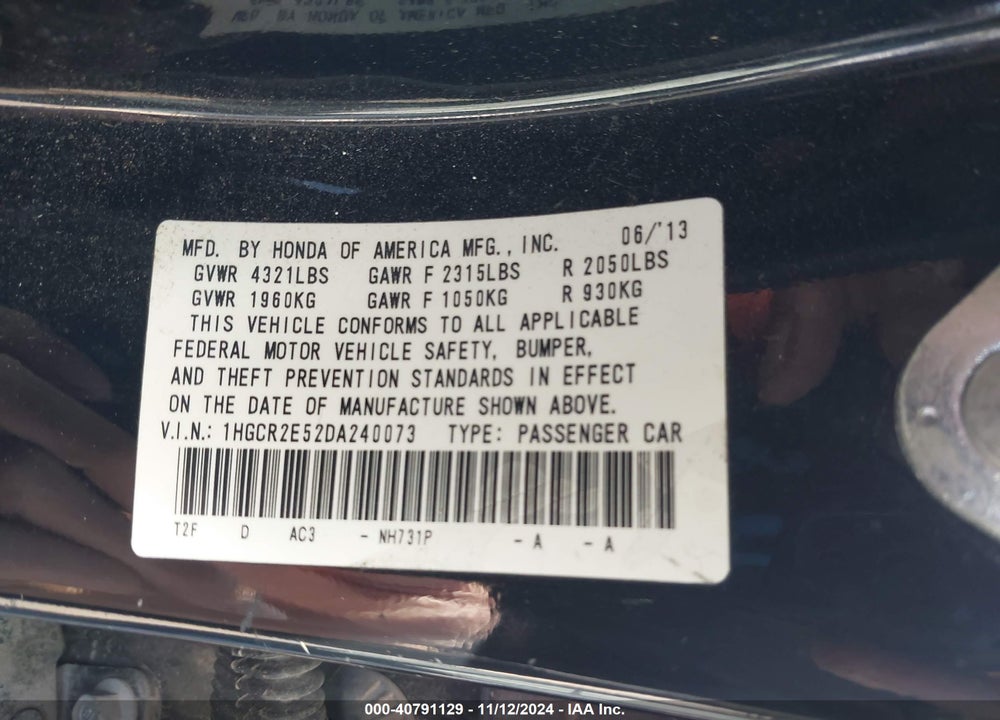 2013 HONDA ACCORD SPORT VIN: 1HGCR2E52DA240073