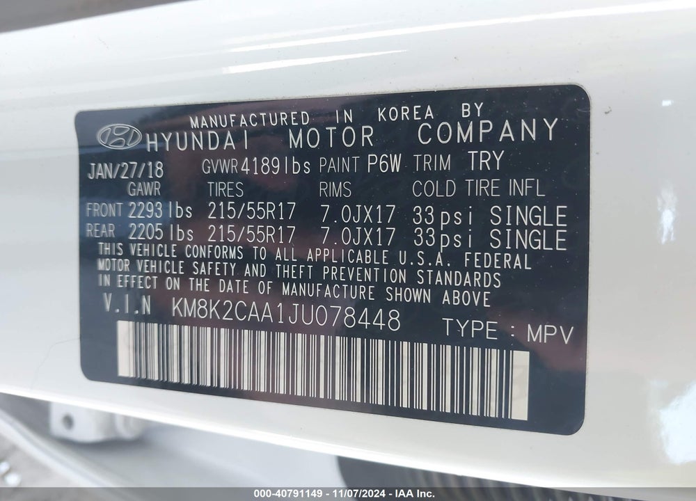 2018 HYUNDAI KONA SEL VIN: KM8K2CAA1JU078448