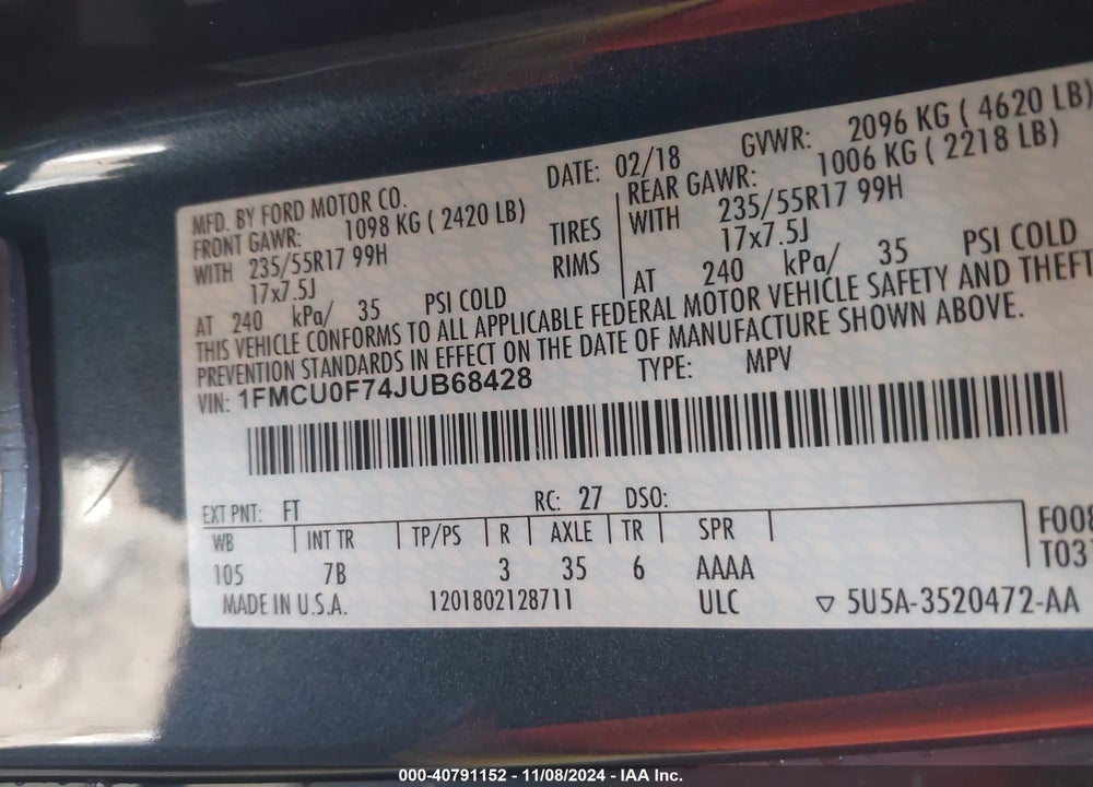 2018 FORD ESCAPE S VIN: 1FMCU0F74JUB68428