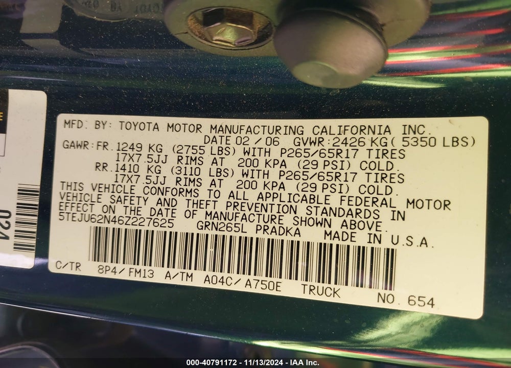2006 TOYOTA TACOMA DOUBLE CAB PRERUNNER VIN: 5TEJU62N46Z227625