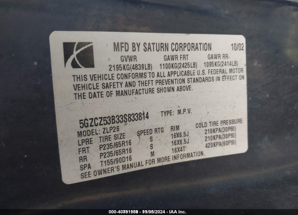 2003 SATURN VUE V6 VIN: 5GZCZ53B33S833814