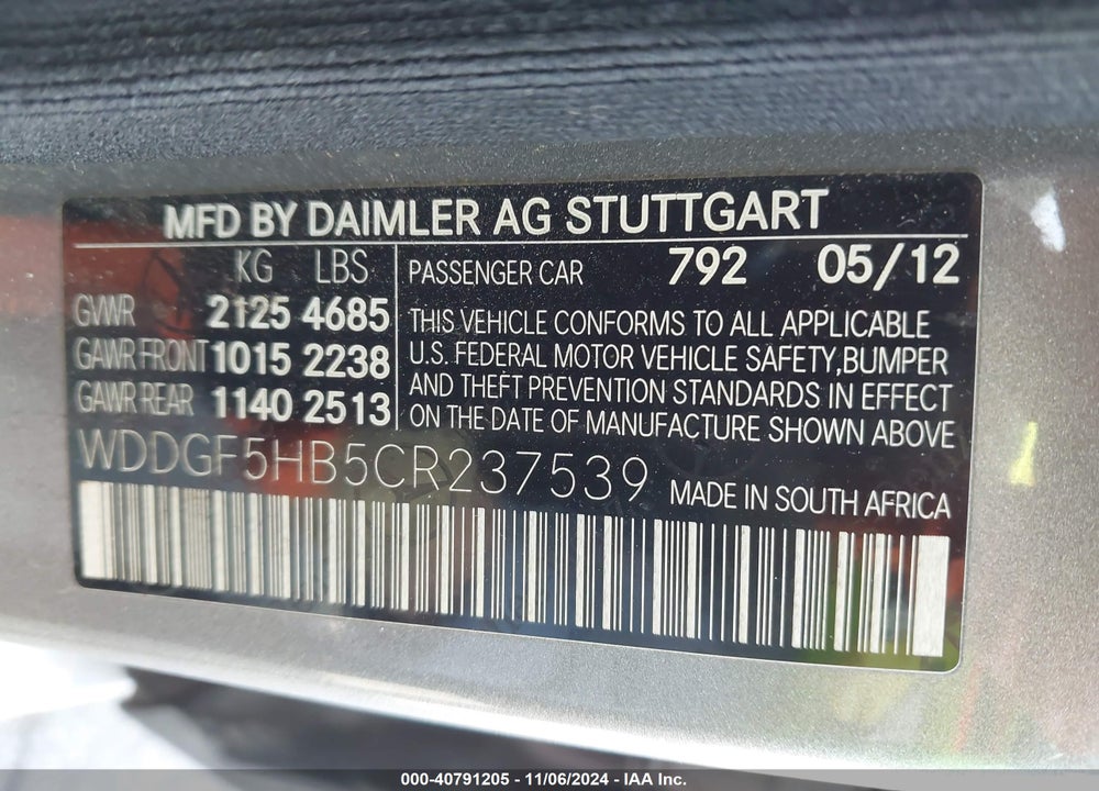 2012 MERCEDES-BENZ C 350 SPORT VIN: WDDGF5HB5CR237539