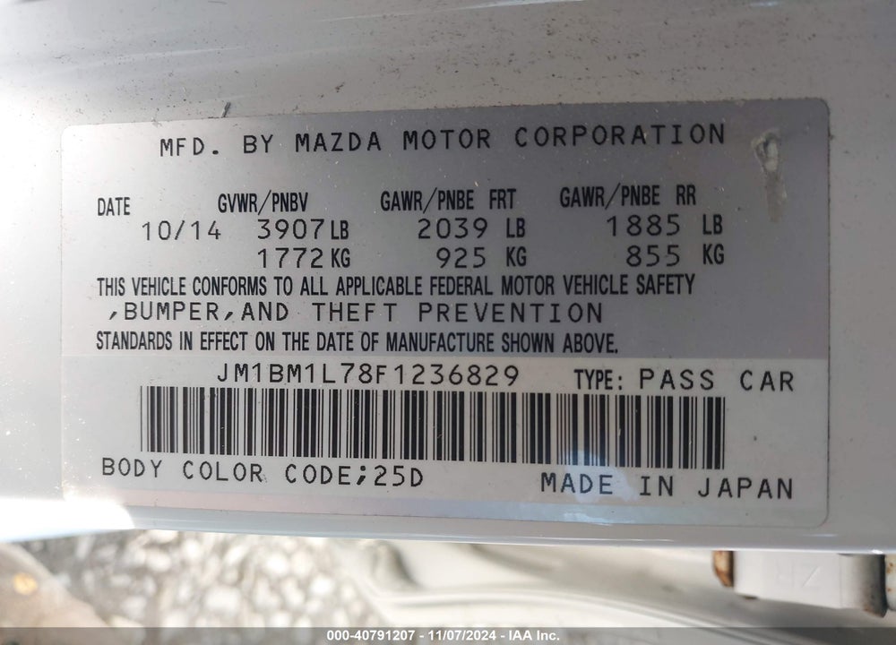 2015 MAZDA MAZDA3 VIN: JM1BM1L78F1236829